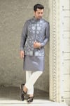Shop_Courtyard By Abhi_Gray Silk, Cotton Embroidery Iris Fleur Bundi Kurta Set _at_Aza_Fashions