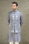 Courtyard By Abhi_Gray Silk, Cotton Embroidery Iris Fleur Bundi Kurta Set _Online_at_Aza_Fashions