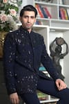 Shop_Courtyard By Abhi_Blue Lycra Embroidery Abstract Orion Bandhgala With Trouser _at_Aza_Fashions
