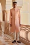 Buy_Osaa by Adarsh_Peach Pure Linen Satin Embroidered Zardosi Mandarin Collar Sherwani Set _at_Aza_Fashions