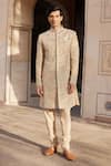 Buy_Osaa by Adarsh_Beige Raw Silk Embroidered Zardosi Sherwani Churidar Set _at_Aza_Fashions