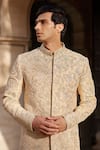 Shop_Osaa by Adarsh_Beige Raw Silk Embroidered Zardosi Sherwani Churidar Set _Online_at_Aza_Fashions