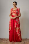 Buy_Vana Ethnics_Red Viscouse Hand Embroidered Tropical Blouse V Neck Print Pant Set With Cape _at_Aza_Fashions