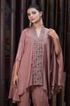 Shop_Myra Clothing Line_Brown Crepe Embellished Bead V-neck Circular Tunic With Pant _Online_at_Aza_Fashions