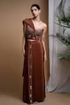 Ahi Clothing_Brown Heavy Crepe Hand Embroidered Mirrors Embellished Corset With Draped Skirt _at_Aza_Fashions