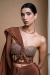 Shop_Ahi Clothing_Brown Heavy Crepe Hand Embroidered Mirrors Embellished Corset With Draped Skirt 