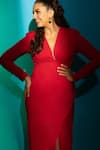 Buy_Ahi Clothing_Red Imported Luxury Crepe V-neck Gathered Slit Dress _Online_at_Aza_Fashions