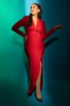 Buy_Ahi Clothing_Red Imported Luxury Crepe V-neck Gathered Slit Dress 