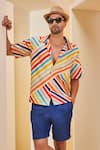 The Royaleum_Blue Shorts Linen Printed Diagonal Stripe Shirt With _Online_at_Aza_Fashions