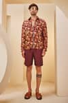 Buy_The Royaleum_Brown Linen Satin Printed Flamingo Shirt With Shorts _at_Aza_Fashions