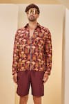 The Royaleum_Brown Linen Satin Printed Flamingo Shirt With Shorts _Online_at_Aza_Fashions