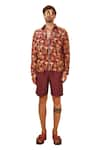 Buy_The Royaleum_Brown Linen Satin Printed Flamingo Shirt With Shorts _Online_at_Aza_Fashions