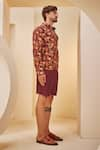 The Royaleum_Brown Linen Satin Printed Flamingo Shirt With Shorts _at_Aza_Fashions