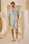 Buy_The Royaleum_Blue Linen Satin Printed Aquatic Shirt With Shorts _at_Aza_Fashions