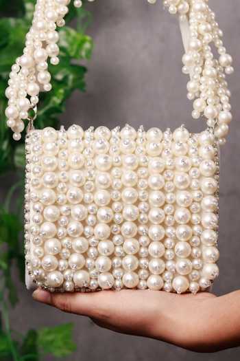 Buy_The Tan Clan_White Pearls, Crystals Jade Embroidered Bag 