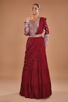 Buy_BAIDEHI_Maroon Draped Gown Chinnon Georgette Hand Embroidered Sequin V-neck Resham _at_Aza_Fashions