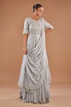 Buy_BAIDEHI_Grey Organza Silk Embroidery Sequins V-neck Cutdana Draped Gown _at_Aza_Fashions