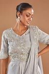 Buy_BAIDEHI_Grey Organza Silk Embroidery Sequins V-neck Cutdana Draped Gown _Online_at_Aza_Fashions