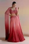 SHASHANK ARYA_Red Textured Georgette Embroidery Bead Sweetheart Ombre Lehenga And Blouse Set _at_Aza_Fashions