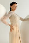 Buy_SHASHANK ARYA_Ivory Tulle Embroidery Pearl Illusion Sheer Round Neck Scallop Draped Gown _Online_at_Aza_Fashions