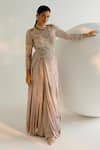 Shop_SHASHANK ARYA_Beige Tulle Embroidery Pearl Illusion Sheer Round Neck Draped Gown 