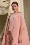 Shop_Tasuvure Indes_Pink Pleated Silk Embroidered Gara Square Reyna Cape Top With Pant _Online_at_Aza_Fashions