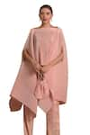 Tasuvure Indes_Pink Pleated Silk Embroidered Gara Square Reyna Cape Top With Pant _at_Aza_Fashions