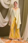 Buy_Tasuvure Indes_Yellow Pleated Silk Embroidered Gara V Neck Reyna Asymmetric Cape Top With Pant _at_Aza_Fashions