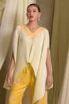 Tasuvure Indes_Yellow Pleated Silk Embroidered Gara V Neck Reyna Asymmetric Cape Top With Pant _Online_at_Aza_Fashions