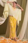 Tasuvure Indes_Yellow Pleated Silk Embroidered Gara V Neck Reyna Asymmetric Cape Top With Pant _at_Aza_Fashions