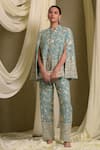 Buy_Tasuvure Indes_Blue Georgette Embroidered Gara Collared Reyna Cape Jacket And Pant Set _at_Aza_Fashions