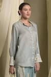 Tasuvure Indes_Blue Georgette Gara Collared Reyna Embroidered Shirt _Online_at_Aza_Fashions