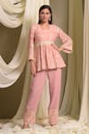 Buy_Tasuvure Indes_Pink Georgette Gara Round Reyna Embroidered Peplum Tunic With Pant _at_Aza_Fashions