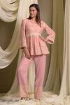 Tasuvure Indes_Pink Georgette Gara Round Reyna Embroidered Peplum Tunic With Pant _Online_at_Aza_Fashions