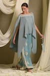 Buy_Tasuvure Indes_Blue Pleated Silk Embroidery Floweret Reyna Gara Glazed Cape With Slit Pant _at_Aza_Fashions