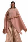 Tasuvure Indes_Pink Pleated Silk Embroidery Vine Gara Boat Neck Cape With Sharara Pant _Online_at_Aza_Fashions