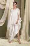 Buy_Tasuvure Indes_Ivory Pleated Polyester Embroidery Daisy Pristine Cape With Cowl Draped Dress _at_Aza_Fashions