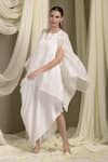 Tasuvure Indes_Ivory Pleated Polyester Embroidery Daisy Pristine Cape With Cowl Draped Dress _at_Aza_Fashions