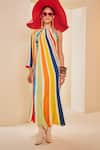 Buy_The Royaleum_Multi Color Silk Printed Vertical Rainbow Stripes Halter Dress _at_Aza_Fashions