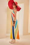 Shop_The Royaleum_Multi Color Silk Printed Vertical Rainbow Stripes Halter Dress _Online_at_Aza_Fashions