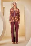 Buy_The Royaleum_Brown Twill Satin Printed Flamingo Lapel Checkered Blazer Pant Set _at_Aza_Fashions