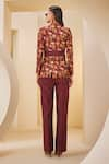 Shop_The Royaleum_Brown Twill Satin Printed Flamingo Lapel Checkered Blazer Pant Set _at_Aza_Fashions