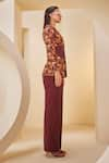 The Royaleum_Brown Twill Satin Printed Flamingo Lapel Checkered Blazer Pant Set _at_Aza_Fashions