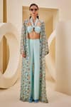 Buy_The Royaleum_Blue Jacket Organza Printed Aquatic Bralette Halter Checkered Pant Set With _at_Aza_Fashions