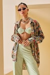 The Royaleum_Green Shirt Crepe Printed Checkered Bralette Sweetheart Pant Set _at_Aza_Fashions