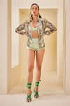 Buy_The Royaleum_Green Shirt Organza Printed Checkered Bralette Sweetheart Shorts Set _at_Aza_Fashions