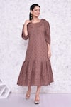 Buy_AMETHYST_Brown Cotton Embroidery Hakoba Geometric Neck Midi Dress _at_Aza_Fashions