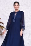 AMETHYST_Blue Mall Chanderi Embroidery Floral Mandarin Placement Dress _Online_at_Aza_Fashions