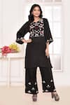 Buy_AMETHYST_Black Pure Linen Satin Embroidery Floral Notched Round Bodice Kurta With Pant _at_Aza_Fashions