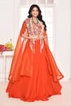 Buy_AMETHYST_Orange Chanderi Blouse Embroidery Floral Open Neck Cape And Lehenga Set _at_Aza_Fashions